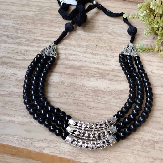 3 Layer Black Necklace and Matching Earring Set For Women